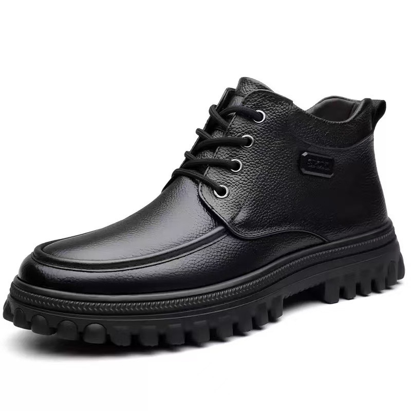 Pantofi din piele pentru bărbați, iarnă, înălți la gleznă, căptușeală de fleece, ghete de zăpadă cu talpă groasă
