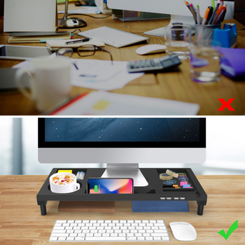 KM01 Suport ABS pentru monitor cu înălțare și spațiu de stocare, încărcare USB, suport pentru laptop, dimensiuni 52.5×23×7.5 cm