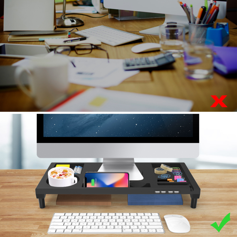 KM01 Suport ABS pentru monitor cu înălțare și spațiu de stocare, încărcare USB, suport pentru laptop, dimensiuni 52.5×23×7.5 cm