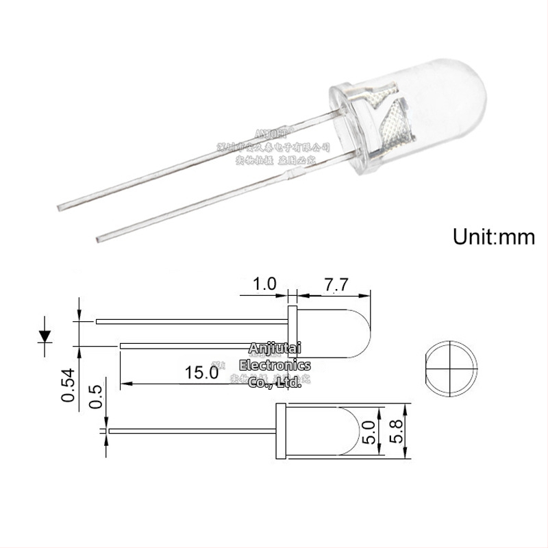 5 mm zelená LED dióda s rovnými pinmi, okrúhlou hlavicou, krátkymi vodičmi, smaragdovo zelená korálka F5