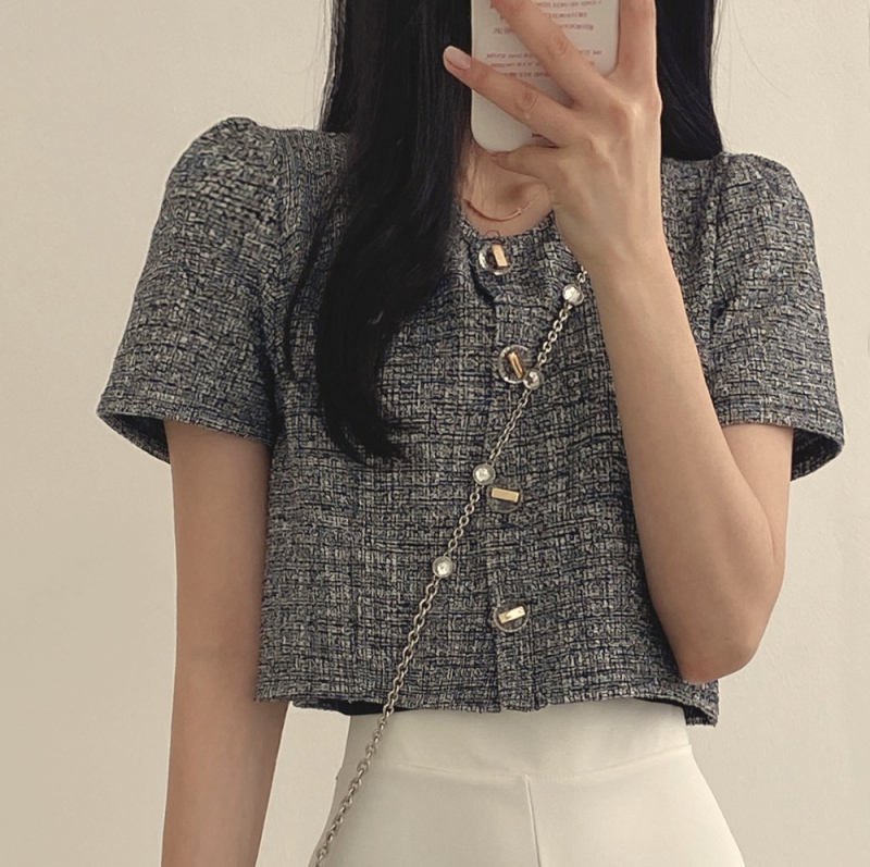 Γυναικείο κοντό τζάκετ από tweed με φουσκωτά μανίκια, στρογγυλός γιακάς, κουμπί σε μια σειρά, χαλαρή γραμμή, γαλλικό στυλ chic