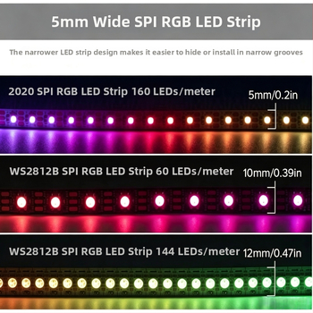 2,6 mm ultratenký RGB LED pásik 0807 WS2812B, 5V, 160 LED diód, ambientné osvetlenie interiéru auta