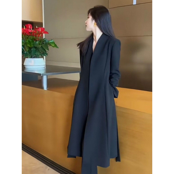 Palton trench pentru femei plus-size, lung până la genunchi, talie evidențiată, croială Slim, poliester uni, guler V, mâneci lungi