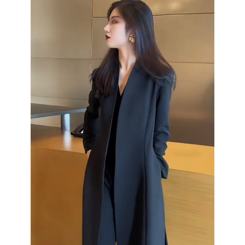 Palton trench pentru femei plus-size, lung până la genunchi, talie evidențiată, croială Slim, poliester uni, guler V, mâneci lungi