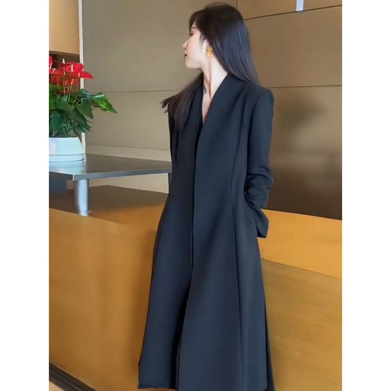 Palton trench pentru femei plus-size, lung până la genunchi, talie evidențiată, croială Slim, poliester uni, guler V, mâneci lungi