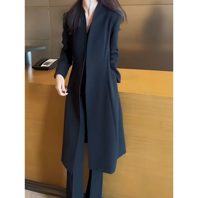Palton trench pentru femei plus-size, lung până la genunchi, talie evidențiată, croială Slim, poliester uni, guler V, mâneci lungi