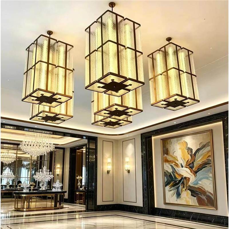 Candelabru cu șase brațe, stil chinezesc, finisaj bronz antic, pentru săli mari de banchete ale hotelurilor, design în mai multe straturi cu valuri de apă, abajur din bambus și răchită