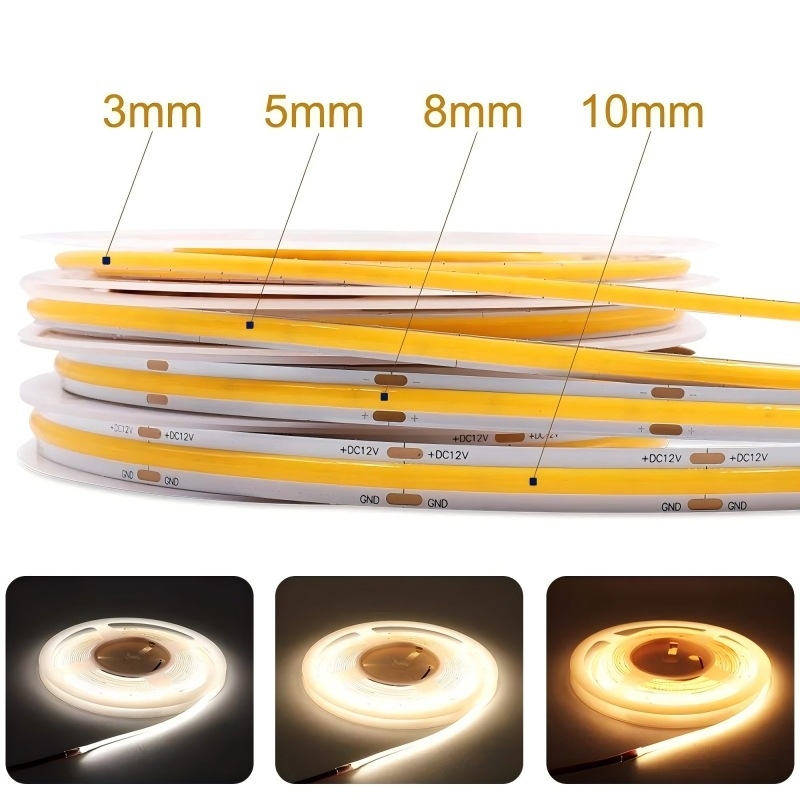 Bandă LED COB de 5mm, 12V/24V tensiune redusă, autoadhesivă, iluminare liniară, ultra-luminată, CRI 90 înalt, iluminare decorativă pentru casă