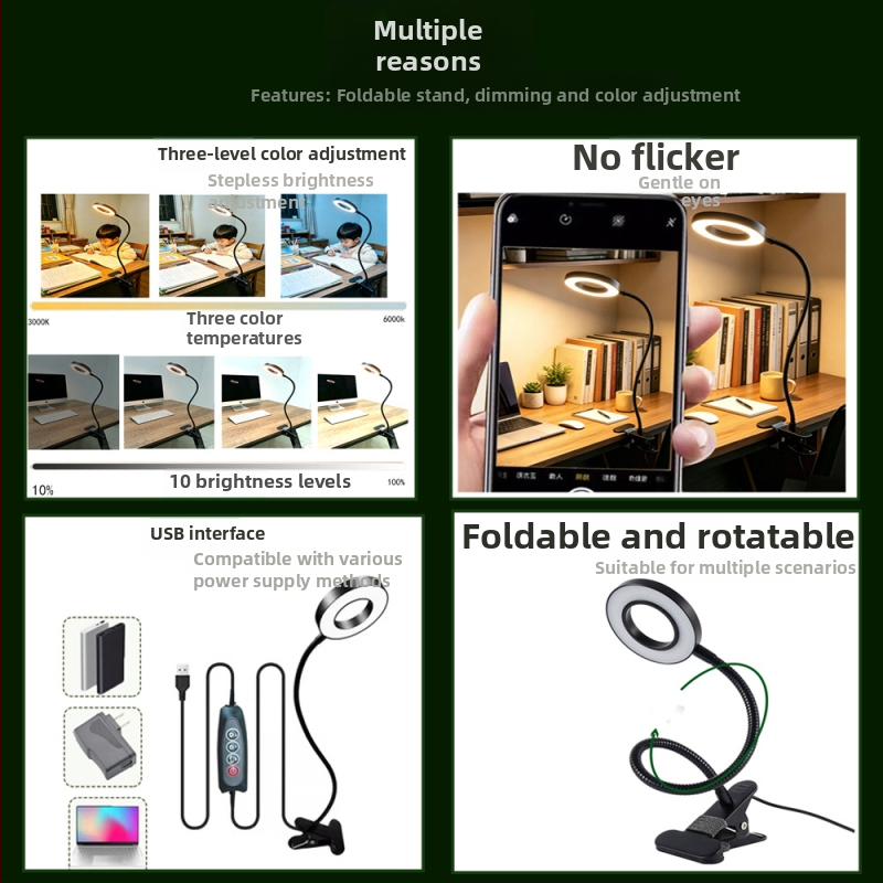 LED stolová lampa Eye-Care s pripínaním, napájaná cez USB, stmievateľná a farebne nastaviteľná lampa na čítanie