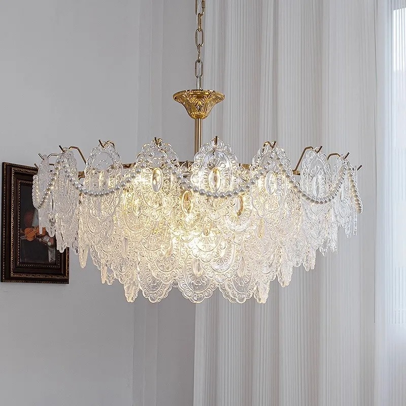 Lustră din sticlă cu abajur în stil Palat Francez, iluminare cristal pentru dormitor și sufragerie