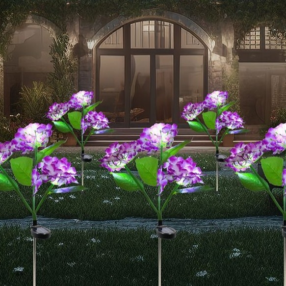 Lumini LED solare pentru exterior, cu hortensie artificială, decor de grădină, impermeabile, stâlpi pentru gazon
