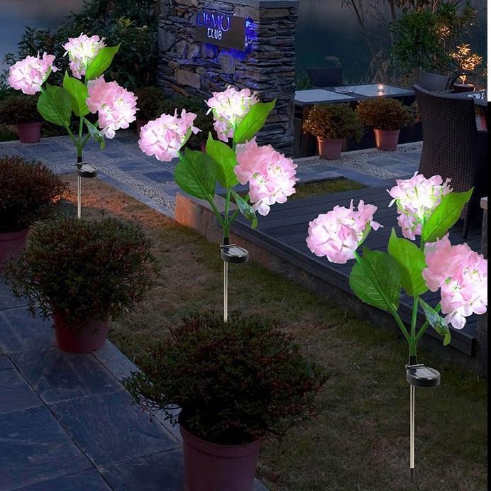 Lumini LED solare pentru exterior, cu hortensie artificială, decor de grădină, impermeabile, stâlpi pentru gazon