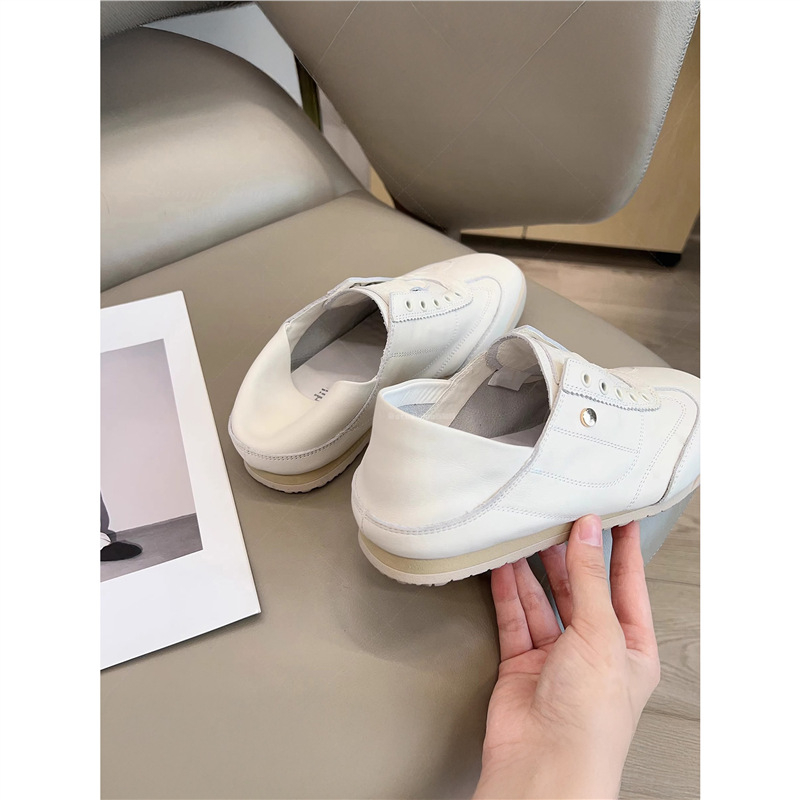 Adidași pentru femei din piele naturală, albi, talpă plată, fără șireturi, model vară 2025, pantofi urbani casual, purtare în două moduri