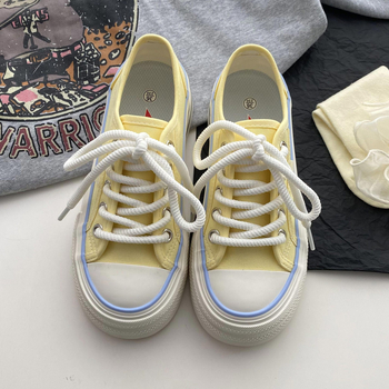 Adidași din pânză pentru femei, talpă groasă, respirabili, primăvara 2025, vârf rotund, glezna joasă, talpă vulcanizată, cod L-2283, stil coreean