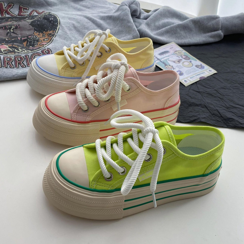 Adidași din pânză pentru femei, talpă groasă, respirabili, primăvara 2025, vârf rotund, glezna joasă, talpă vulcanizată, cod L-2283, stil coreean