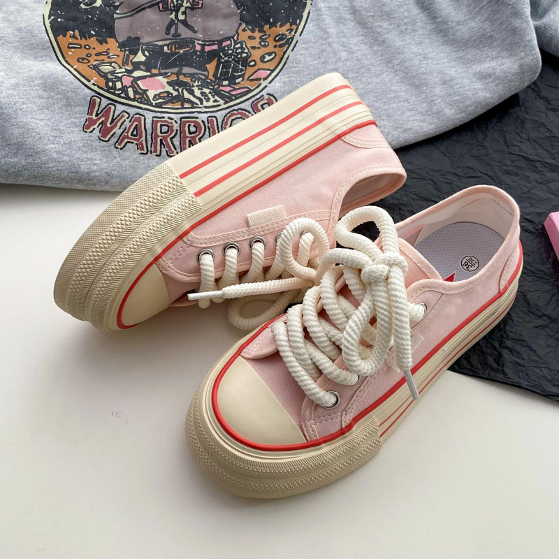 Adidași din pânză pentru femei, talpă groasă, respirabili, primăvara 2025, vârf rotund, glezna joasă, talpă vulcanizată, cod L-2283, stil coreean