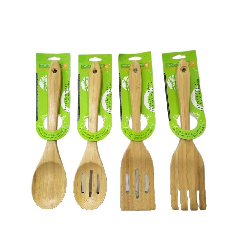 Set de ustensile de bucătărie din bambus, cu suprafață antiaderentă: lingură, spatulă, polonic și răzuitor