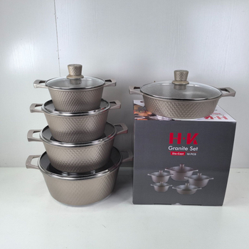 Set de vase antiaderente din aluminiu, 10 piese, cu piatră Maifan și finisaj marmorat, capace din sticlă