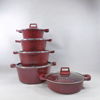 Set de vase antiaderente din aluminiu, 10 piese, cu piatră Maifan și finisaj marmorat, capace din sticlă