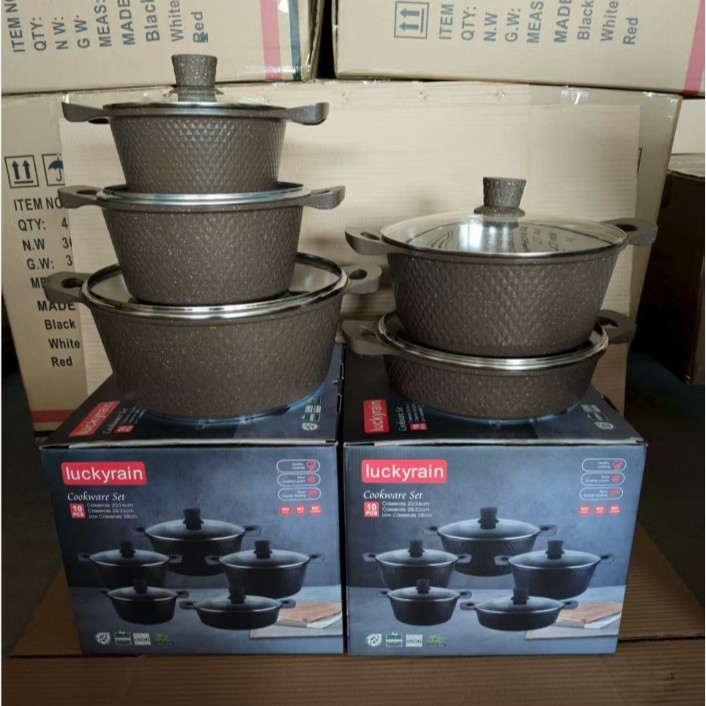 Set de vase antiaderente din aluminiu, 10 piese, cu piatră Maifan și finisaj marmorat, capace din sticlă