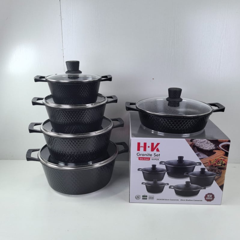 Set de vase antiaderente din aluminiu, 10 piese, cu piatră Maifan și finisaj marmorat, capace din sticlă