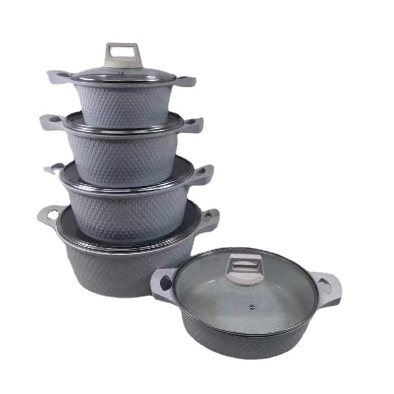Set de vase antiaderente din aluminiu, 10 piese, cu piatră Maifan și finisaj marmorat, capace din sticlă