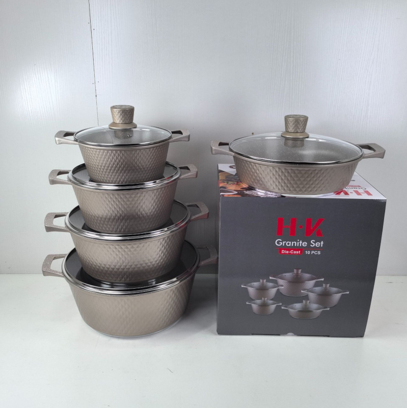 Set de vase antiaderente din aluminiu, 10 piese, cu piatră Maifan și finisaj marmorat, capace din sticlă