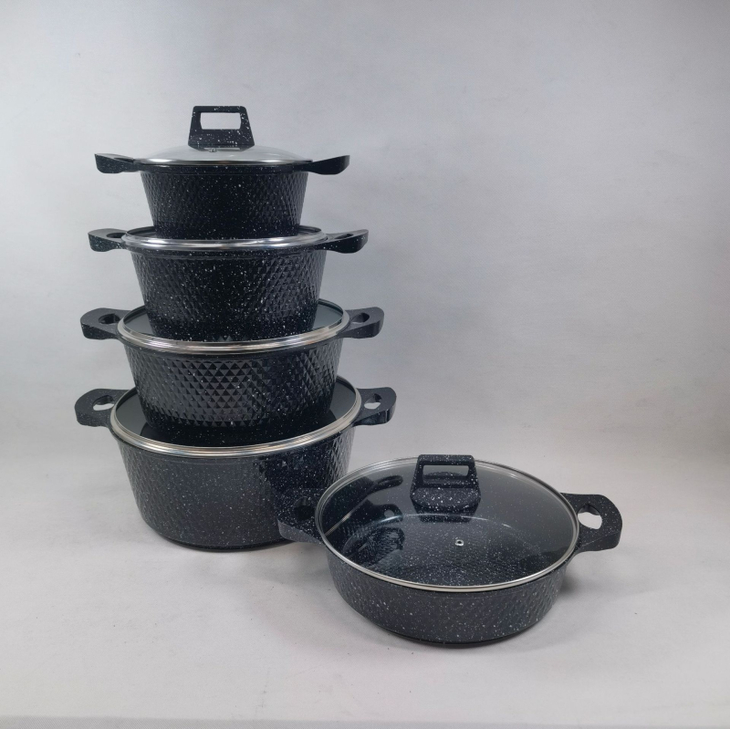 Set de vase antiaderente din aluminiu, 10 piese, cu piatră Maifan și finisaj marmorat, capace din sticlă