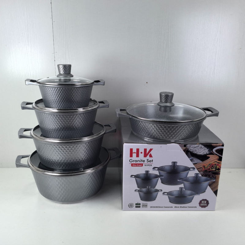 Set de vase antiaderente din aluminiu, 10 piese, cu piatră Maifan și finisaj marmorat, capace din sticlă