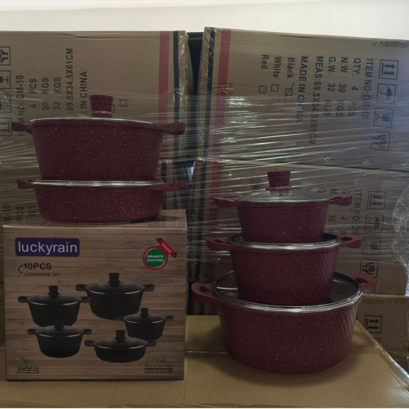 Set de vase antiaderente din aluminiu, 10 piese, cu piatră Maifan și finisaj marmorat, capace din sticlă