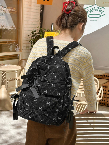 Rucsac din pânză cu imprimeu fundă, unisex pentru gimnaziu și liceu, stil casual, încăpător pentru laptop de 16 inch, capacitate 75L sau mai mult