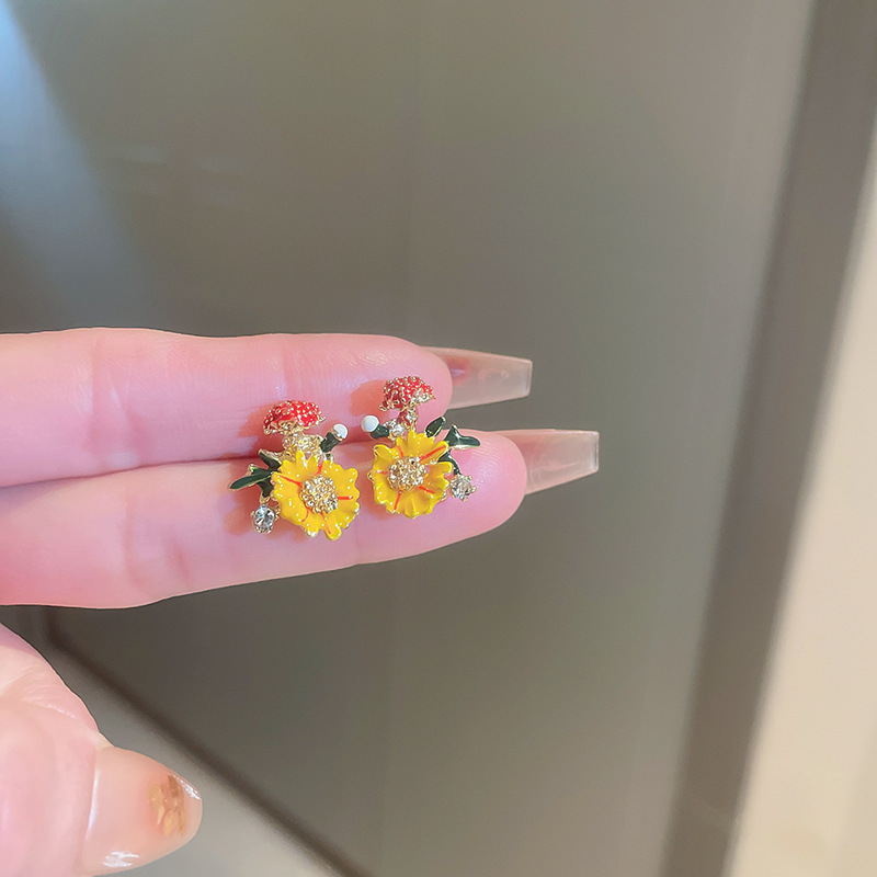 Cercei cu floare portocalie, diamante, stil proaspăt inspirat de pădure, design de nișă