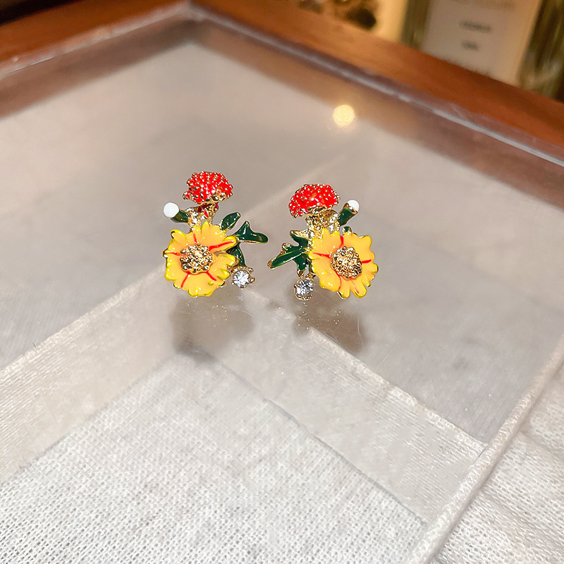 Cercei cu floare portocalie, diamante, stil proaspăt inspirat de pădure, design de nișă