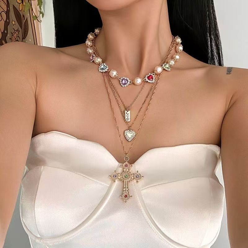 Set de 4 coliere cu cruci, în straturi multiple, lux ușor, stil la modă, textură îndrăzneață