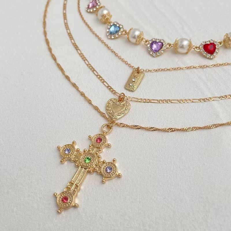 Set de 4 coliere cu cruci, în straturi multiple, lux ușor, stil la modă, textură îndrăzneață