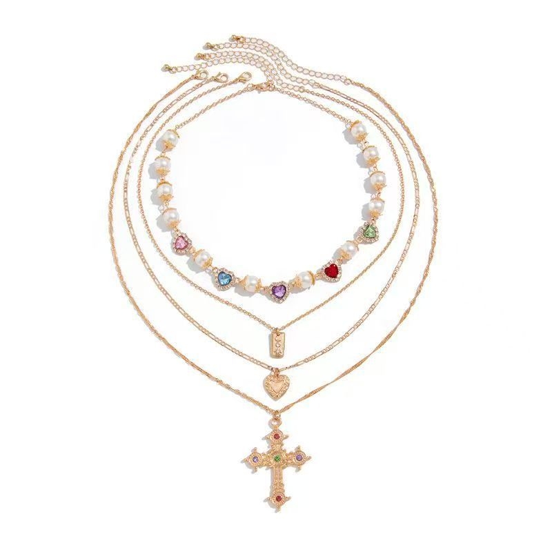 Set de 4 coliere cu cruci, în straturi multiple, lux ușor, stil la modă, textură îndrăzneață