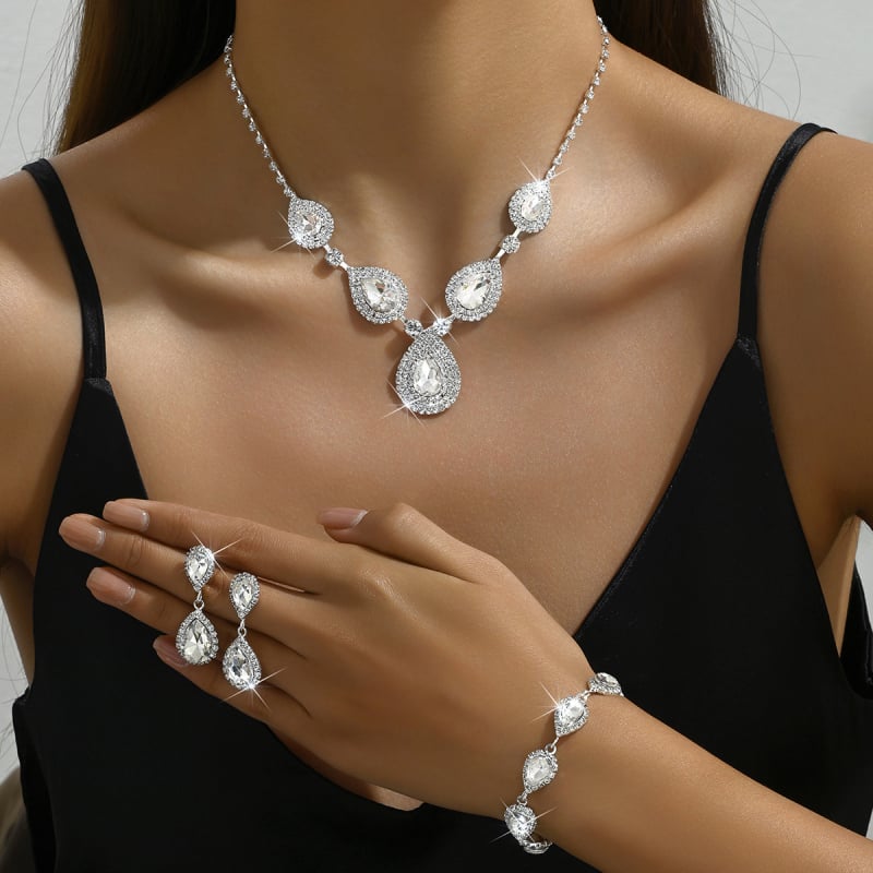 Set colier, cercei și brățară cu lacrimă de pietre – elegant, simplu, stil european pentru mireasă