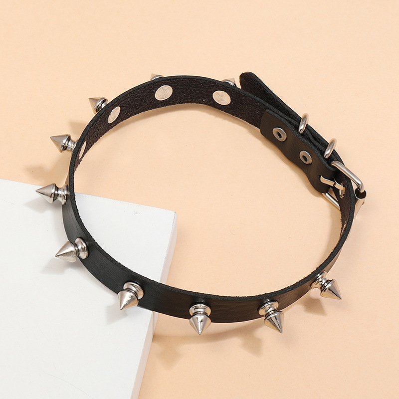 Colier din piele pentru femei, stil punk rock – choker cu lanț pentru claviculă, modern și distinct