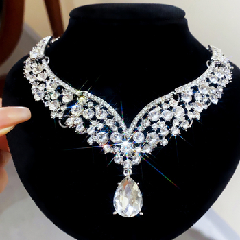 Set de bijuterii: Colier și cercei din zirconiu, argintiu, formă de picătură de apă, stil ușor luxos, lanț claviculă, accesorii elegante și versatile