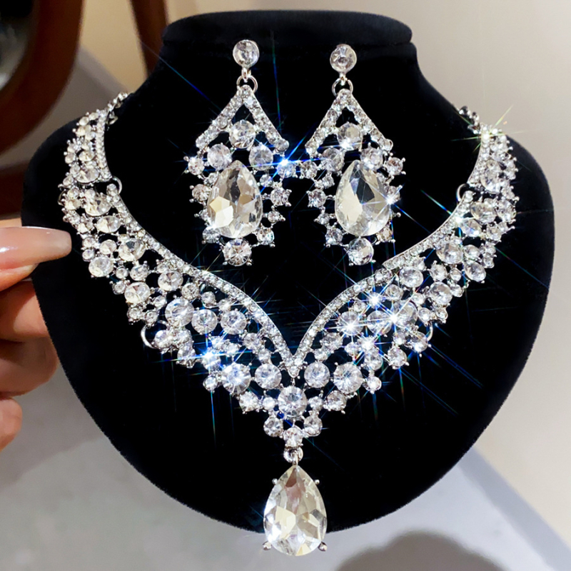 Set de bijuterii: Colier și cercei din zirconiu, argintiu, formă de picătură de apă, stil ușor luxos, lanț claviculă, accesorii elegante și versatile