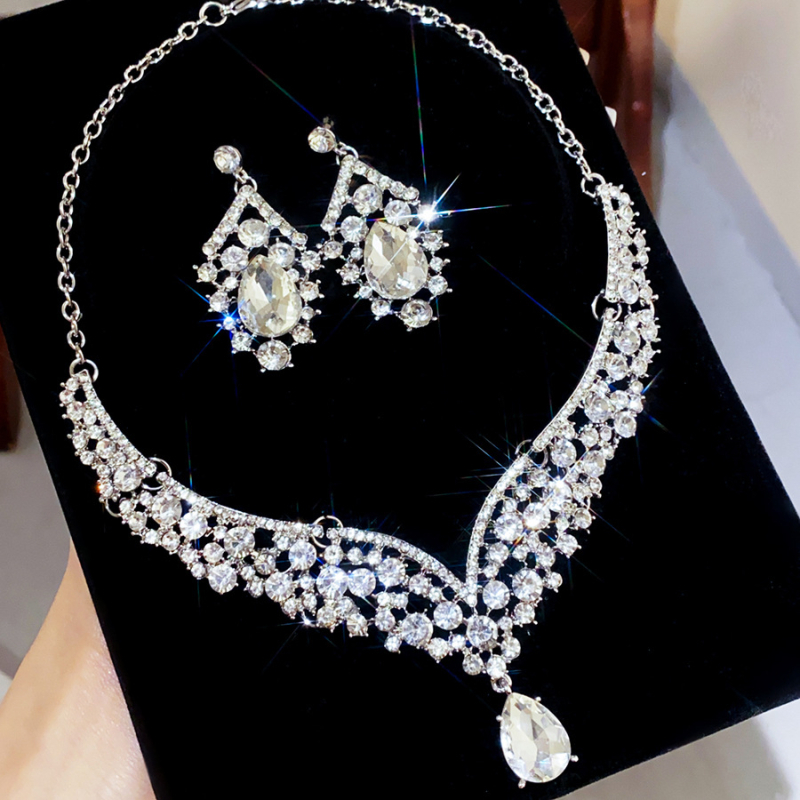 Set de bijuterii: Colier și cercei din zirconiu, argintiu, formă de picătură de apă, stil ușor luxos, lanț claviculă, accesorii elegante și versatile