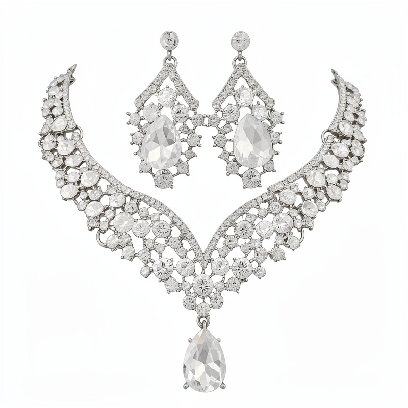 Set de bijuterii: Colier și cercei din zirconiu, argintiu, formă de picătură de apă, stil ușor luxos, lanț claviculă, accesorii elegante și versatile