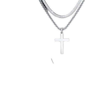 Set de 7 piese: colier cu cruce din oțel titan, unisex, lanț cubanez multistrat
