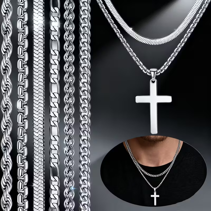 Set de 7 piese: colier cu cruce din oțel titan, unisex, lanț cubanez multistrat