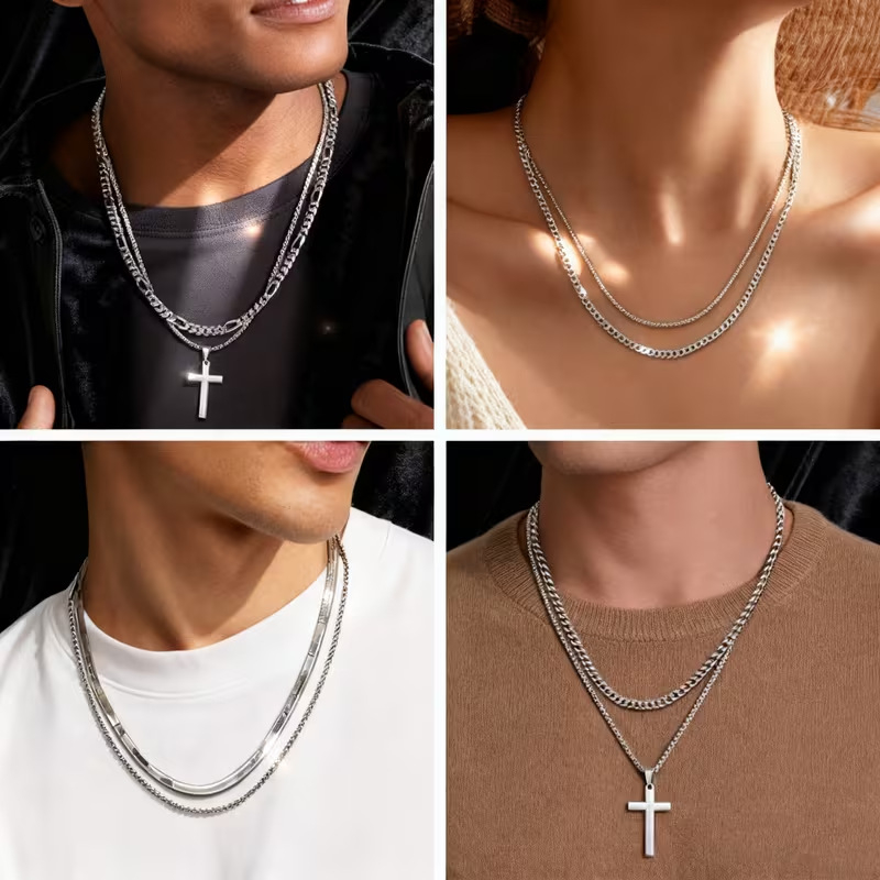 Set de 7 piese: colier cu cruce din oțel titan, unisex, lanț cubanez multistrat