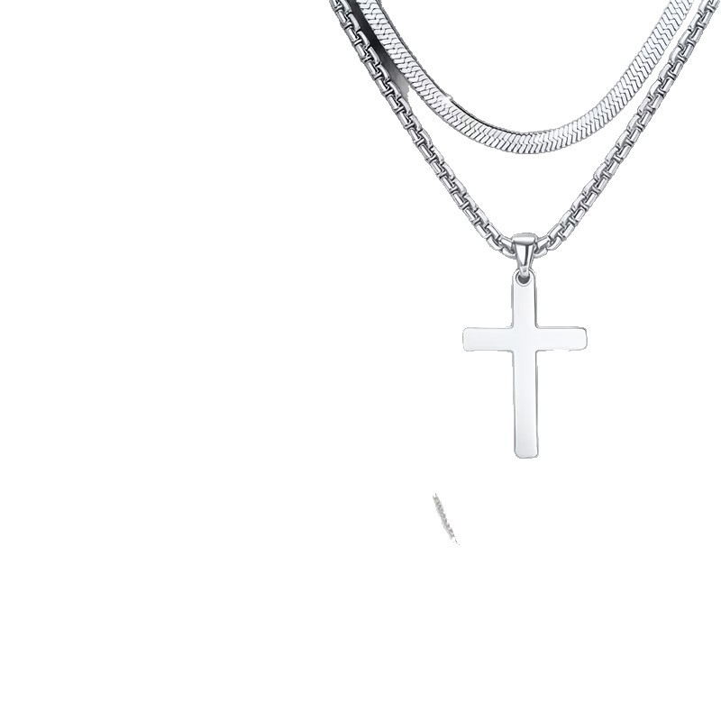Set de 7 piese: colier cu cruce din oțel titan, unisex, lanț cubanez multistrat