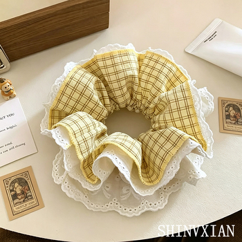 Elastic pentru păr în stil coreean, țesătură galbenă cu carouri și dantelă, accesoriu elegant pentru coc sau coadă joasă