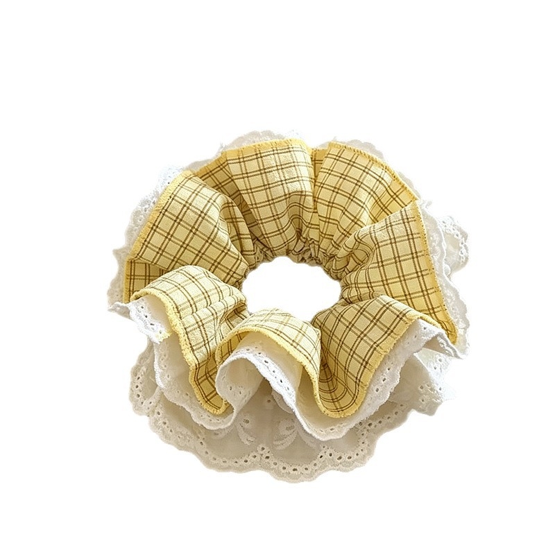 Elastic pentru păr în stil coreean, țesătură galbenă cu carouri și dantelă, accesoriu elegant pentru coc sau coadă joasă