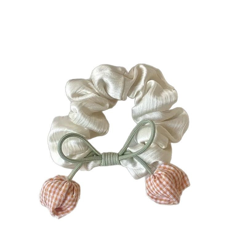Elastic de păr satinat, fundă în formă de lalea, crem, pentru coadă de cal – accesorii feminine pentru păr