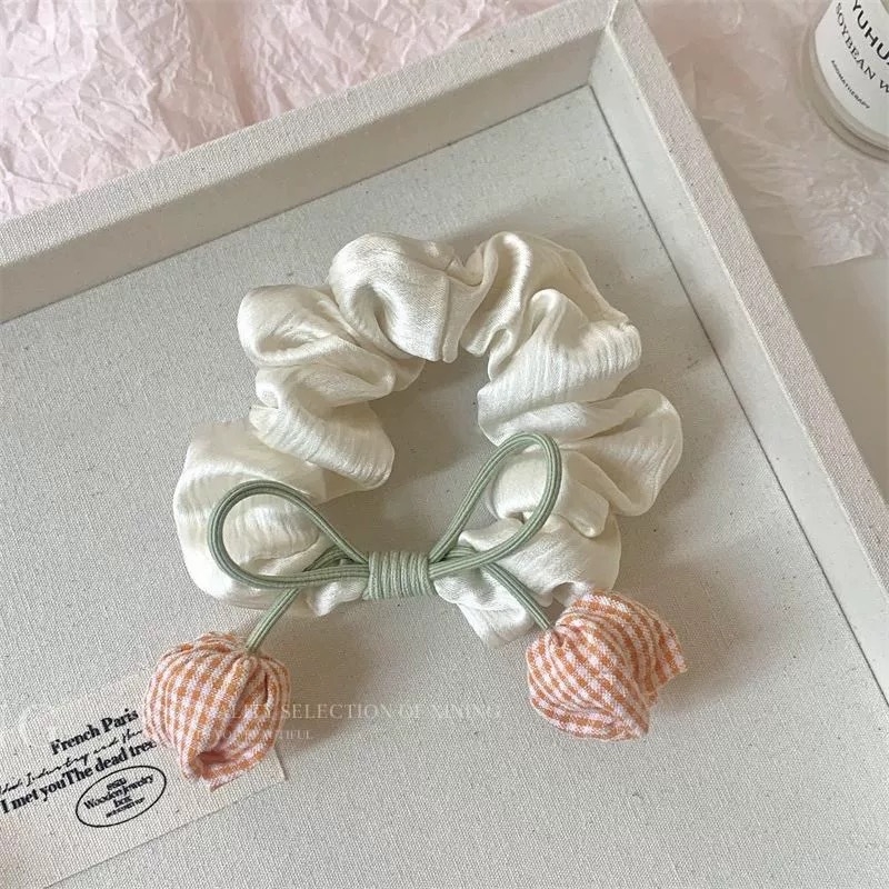 Elastic de păr satinat, fundă în formă de lalea, crem, pentru coadă de cal – accesorii feminine pentru păr